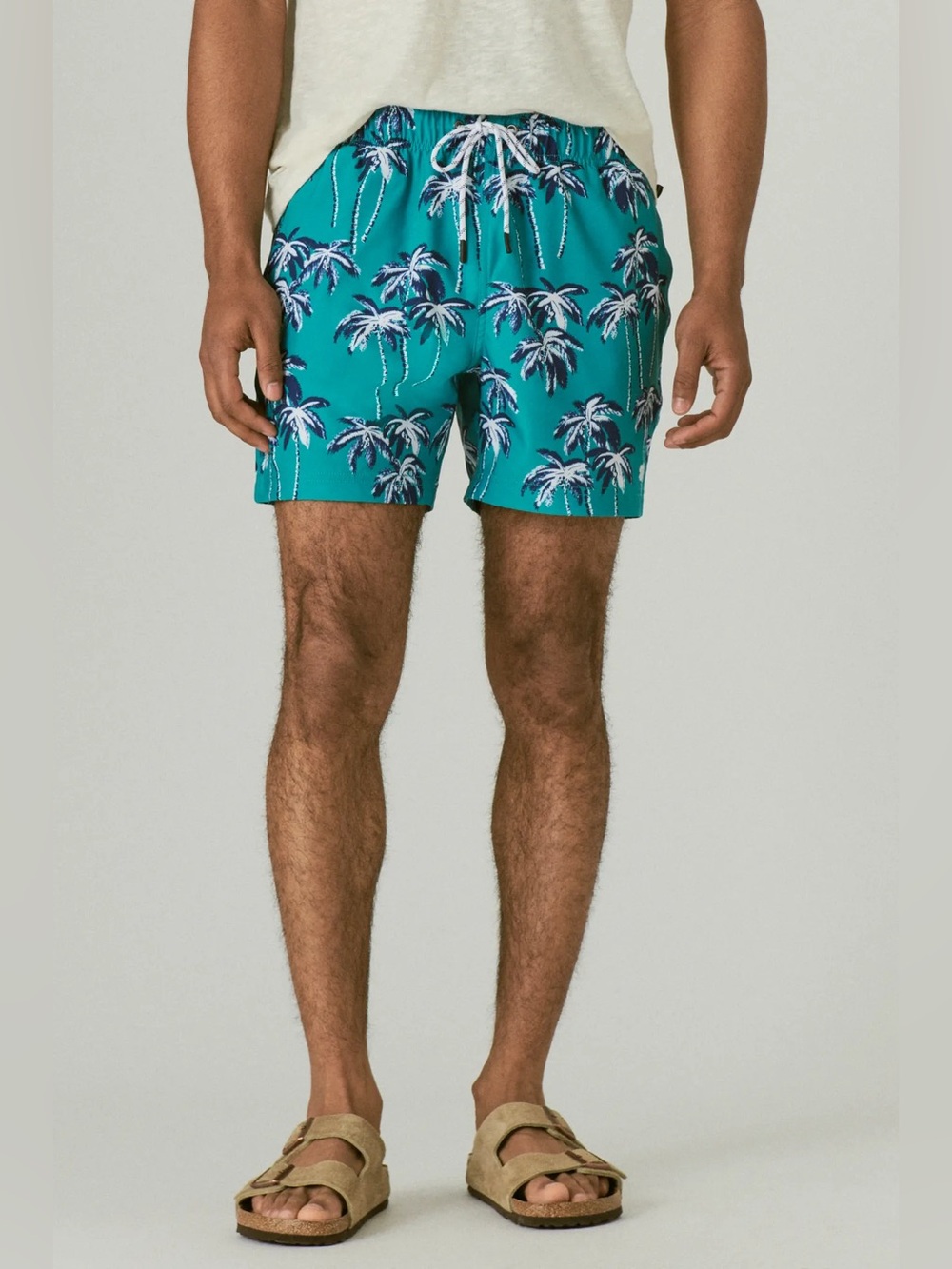Lucky Brand 6" Stretch Swim Shorts Trunks Bathing Suit Teal Blue Palm Tree Sz L